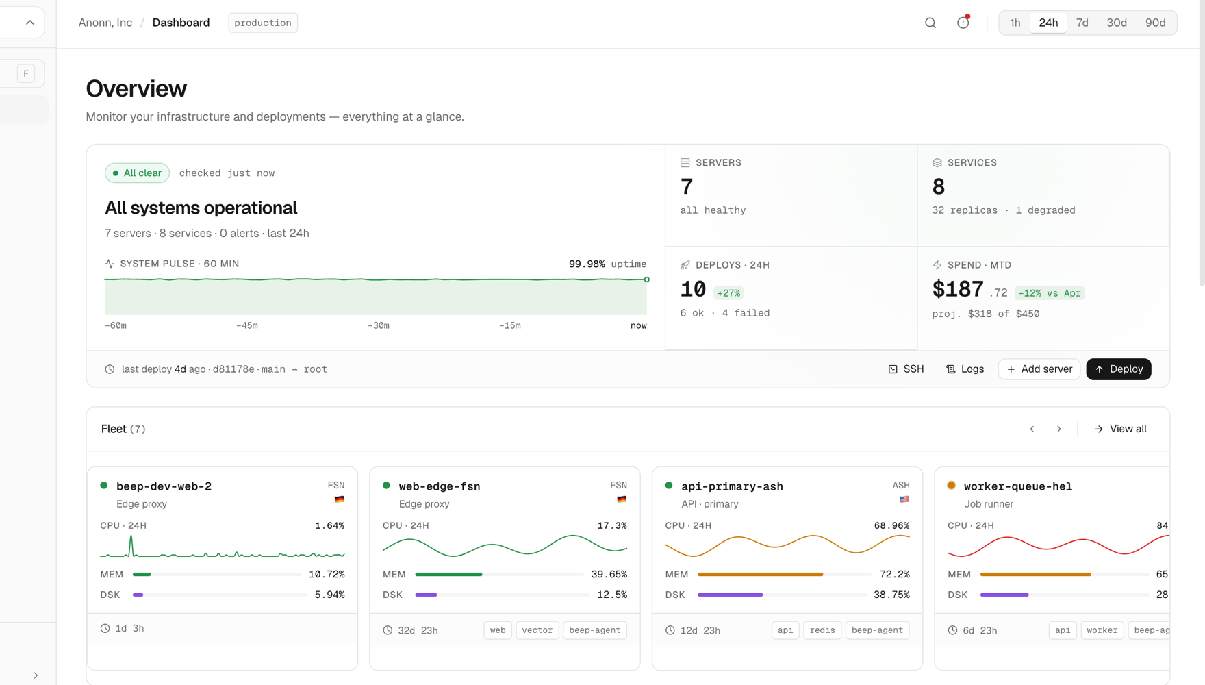 Beep dashboard showing server fleet, system health, deployments, and spend